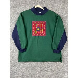 Bold Spirit Women Sweatshirt Vintage Mock Neck Sweatshirt Sz M Green Navy Garden